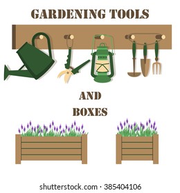 Vector illustration with gardening tools and boxes in flat style, isolated on white background.