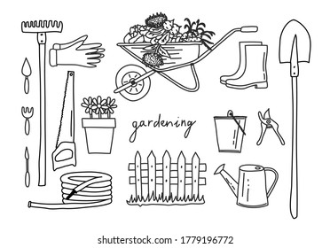 Ilustración vectorial de herramientas de jardinería. Equipo de doodle para el jardín. Flecha de ruedas, flores, pala, rastrillo, estator, lata de riego, manguera.