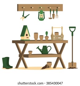 Vector illustration with gardening tools in flat style, isolated on white background.