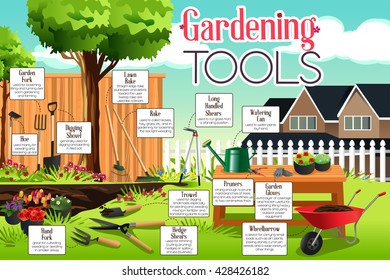 A vector illustration of gardening tools infographic