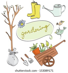 vector illustration of the gardening tools and objects