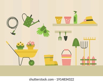 Vector illustration of gardening tools and products on a wooden shelf and hanging on a wall, hobby and diy concept.