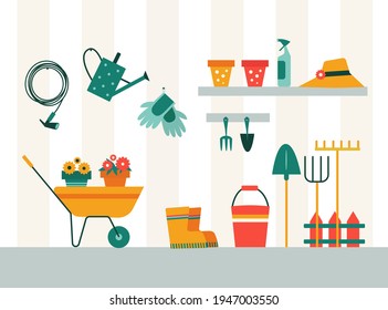 Vector illustration of gardening tools and products on a wooden shelf and hanging on a wall, hobby and diy concept.