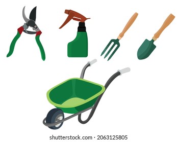 Ilustración vectorial del conjunto de herramientas de jardinería, trabajo de verano, tolerancia, orchardin, pomicultura, fruticultura, cultivo de hortalizas, cuidado de plantas, pulverizador de agua