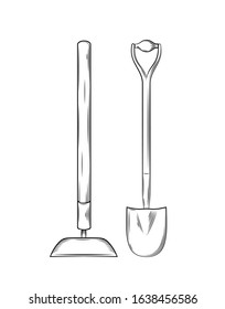 Vector illustration gardening tools and utensils isolated on a white background, hoe, spade. garden maintenance, landscaping and hobby concept, sketch style, line art.