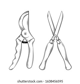 Vector illustration gardening tools and utensils isolated on a white background, shears, pruner, garden maintenance, landscaping and hobby concept, sketch style, line art.