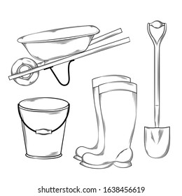 Vector illustration gardening tools and utensils isolated on a white background, garden maintenance, landscaping and hobby concept, sketch style, line art. Spade, garden boots, wheelbarrow