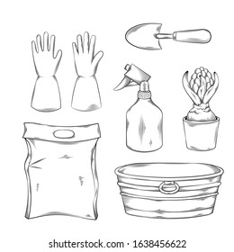 Vector illustration gardening tools and utensils isolated on a white, garden maintenance, landscaping and hobby concept, sketch style, line art. Sprayer, gloves, trowel, bag with chemical, plant, pot