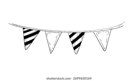 Vector illustration of a garland with flags. Hand-drawn illustration, hand-drawn graphics, and ink drawing. Doodle style. Festive design and decoration. Triangular flags on a rope.