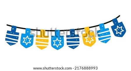 Vector illustration of a garland of Hanukkah dreidels, and its letters. Wooden dreidels. Jewish, hebrew toy Stock fotó © 