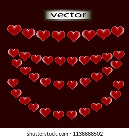 Vector illustration of a garland of hearts, red 3D volumetric figures isolated on a dark background.