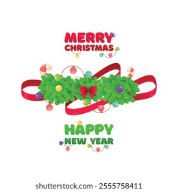 Vector illustration with garlands ribbons fir branches on a white background. Congratulations on Christmas. New Year.