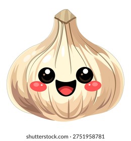 Vector illustration of garlic bulb with cute smiling face, rosy cheeks, and shiny eyes. Perfect for food, cartoon, playful, and design themes.