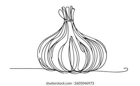 Vector illustration of garlic isolated on white background.  Organic vegetables and fruits cartoon concepts. Education and school kids coloring page, printable, activity, worksheet, flashcard.