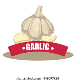Vektorgrafik von Knoblauch mit Scheiße. Natürliches und organisches Gewürz für gesunde Ernährung. Gemüsewürzige Zutat - vegetarische Konservierung. Grafikelement im Cartoon-Stil einzeln auf Weiß