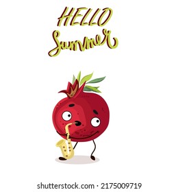 Vector illustration of a garnet fruit, pomegranate character, cartoon, riding a surf, lettering hello summer. Summer time, summer vibes.