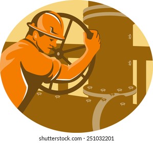 vector illustration of a gas and oil worker operator closing pipelinenetwork  pipe valve viewed from the side set inside oval done in retro style.