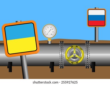 Vector illustration. The gas pipeline with a closed valve. Flags of Russia and Ukraine. Debts for gas.