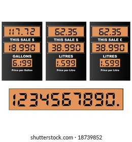 Vector illustration of a gas pump display, with separate numbers for changing prices. Information in gallons and litres, dollars and pounds