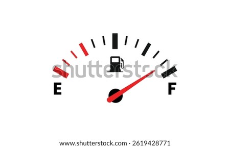 Vector illustration of gas tank indicator on car dashboard panel.Half tank of gasoline. Fuel gauge with warning to indicate low fuel level.  Energy shortage concept isolated.