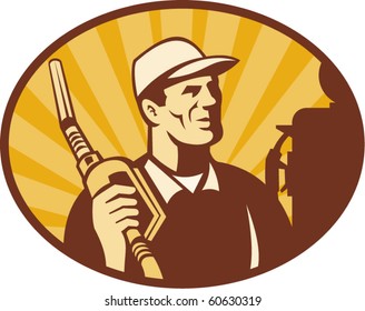 vector illustration of a Gasoline attendant looking holding petrol pump nozzle set inside an oval