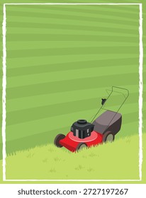 Una Ilustración vectorial de una cortadora de césped a gasolina que corta un césped verde. Perfecto para diseños relacionados con el mantenimiento del césped, el paisajismo, la jardinería, las tareas al aire libre y los servicios de cuidado del hogar.