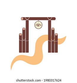 Vector Illustration Of The Gate, The Entrance To The American Ranch, The Road Through The Arch. Wooden Gate With The Emblem Of The Eyes, Gate In The Style Of The Wild West Isolated.