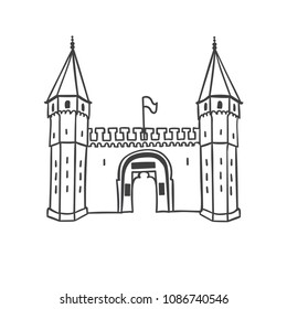 Vector illustration of the Gate of Salutation of historical building Topkapi Palace in Istanbul. Hand drawn ottoman architecture in simple line style isolated in white background. Travel icon design.