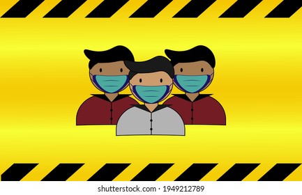 Vector illustration of a gathering of characters using masks on a yellow background