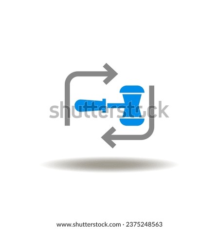 Vector illustration of gavel with round cycle arrows. Icon of trial, prosecution, verdict. Symbol of law justice.