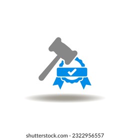 Vector illustration of gavel and seal with check mark. Icon of legacy, inheritance. Symbol of probate. Sign of law standard quality.