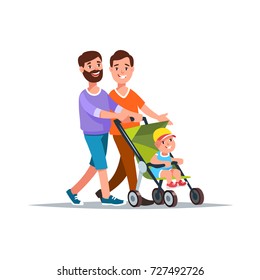 Vector illustration gay couple with baby in a stroller walk cartoon style. Concept gay family and relationship