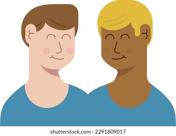 Vektorgrafik eines homosexuellen Paares verschiedener Rassen. Interaktives LGBT-Paar. Menschen unterschiedlicher Rassen oder ethnischer Herkunft. Liebe und Vielfalt.