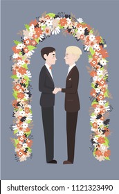 Vector illustration of a gay couple on a floral arch background.Wedding.