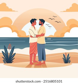 Ilustração vetorial de um casal gay indiano em pé na praia e assistindo pôr do sol romanticamente abraçando um ao outro com amor