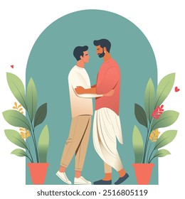 Ilustração vetorial de um casal gay indiano apaixonado abraçando e se mantendo unido