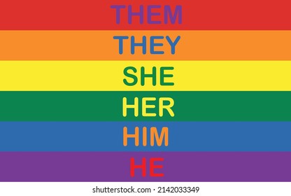 Vector Illustration Of The Gay Pride Flag On Which The Personal Gender Pronouns Are Written.