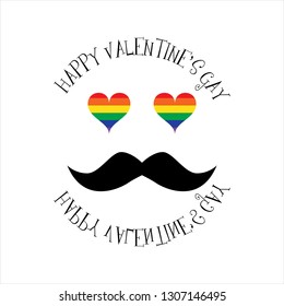 Vector illustration gay pride valentine's day concept, card or poster with black mustache and colorful hearts.