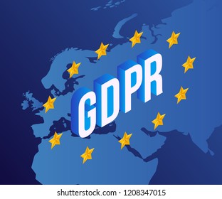 Vector illustration of GDPR text design with isometric letters inside circle of yellow stars on blue background with map of Europe - General Data Protection Regulation in EU concept.
