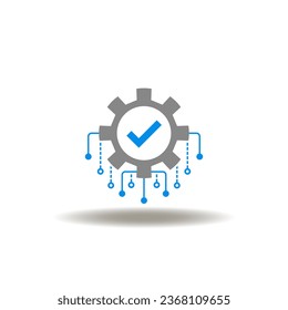 Vector illustration of gear with check mark and circuit pattern. Icon of SAP System Software Automation Management Business. Symbol of information technology standards.