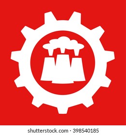 Vector illustration of a gear or cog wheel with industrial chimney stacks at the center in red and white