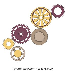 Vector illustration of a gear. Colored round gear elements of the mechanism. Isolated details on white.