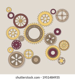 Vector illustration of a gear. Colored round gear elements of the mechanism. Group isolated details.