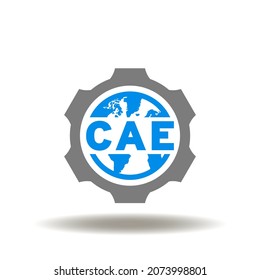 Vector illustration of gear and earth planet with cae acronym. Symbol of computer aided engineering. Icon of CAD computing development system.