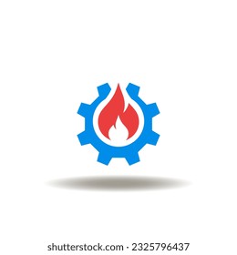 Vector illustration of gear and fire flame. Symbol of fire prevention and protection. Icon of firefighter service.