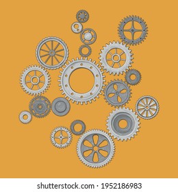 Vector illustration of a gear. Grey round gear elements of the mechanism. Group silver isolated details. Engineering mechanism, equipment