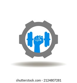 Vektorgrafik der Ausrüstung und Hand-nach-oben mit Hantel. Icon of Fitness, Training. Symbol des Fitnessstudios.