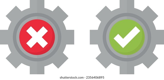Vector illustration of gear icon set with right and wrong signs. Adjustments and confirmation and denial. Gears with cross and checkmark.
