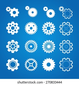 Vector illustration gear icon set isolated on a blue background . Gearwheel mechanism collection. Gear Concept. Flat Design