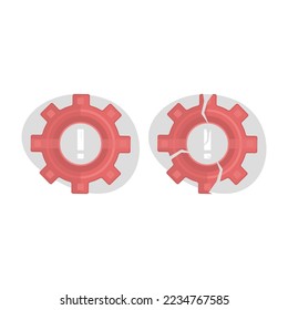 Ilustración vectorial. Icono del engranaje, símbolo de configuración del engranaje, rueda cognitiva, marca de error roja, error y signo de exclamación, estilo de diseño plano